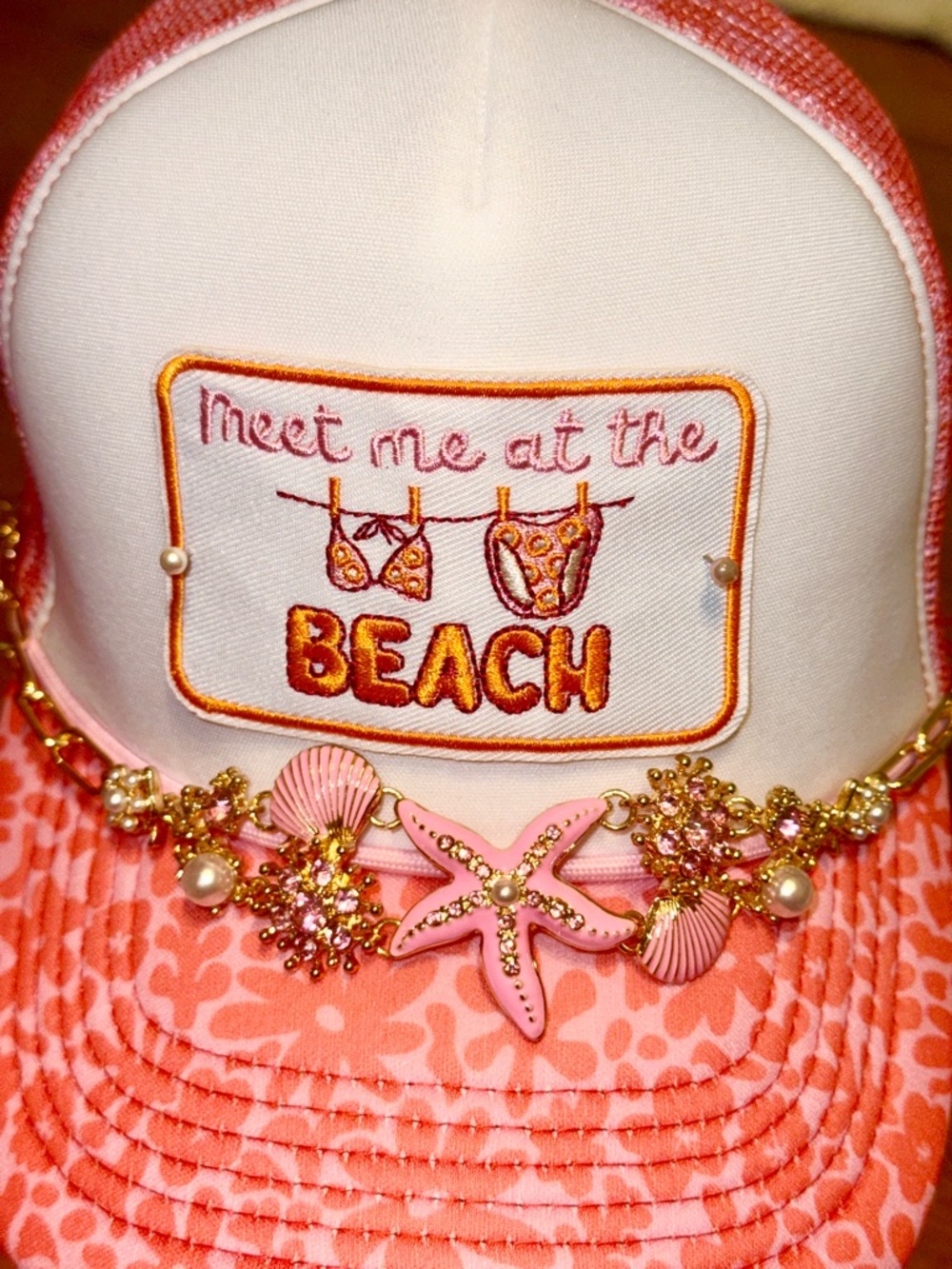 Meet Me At The Beach Pink and Orange Flower Trucker Hat AMAZING SHELL Hat Chain